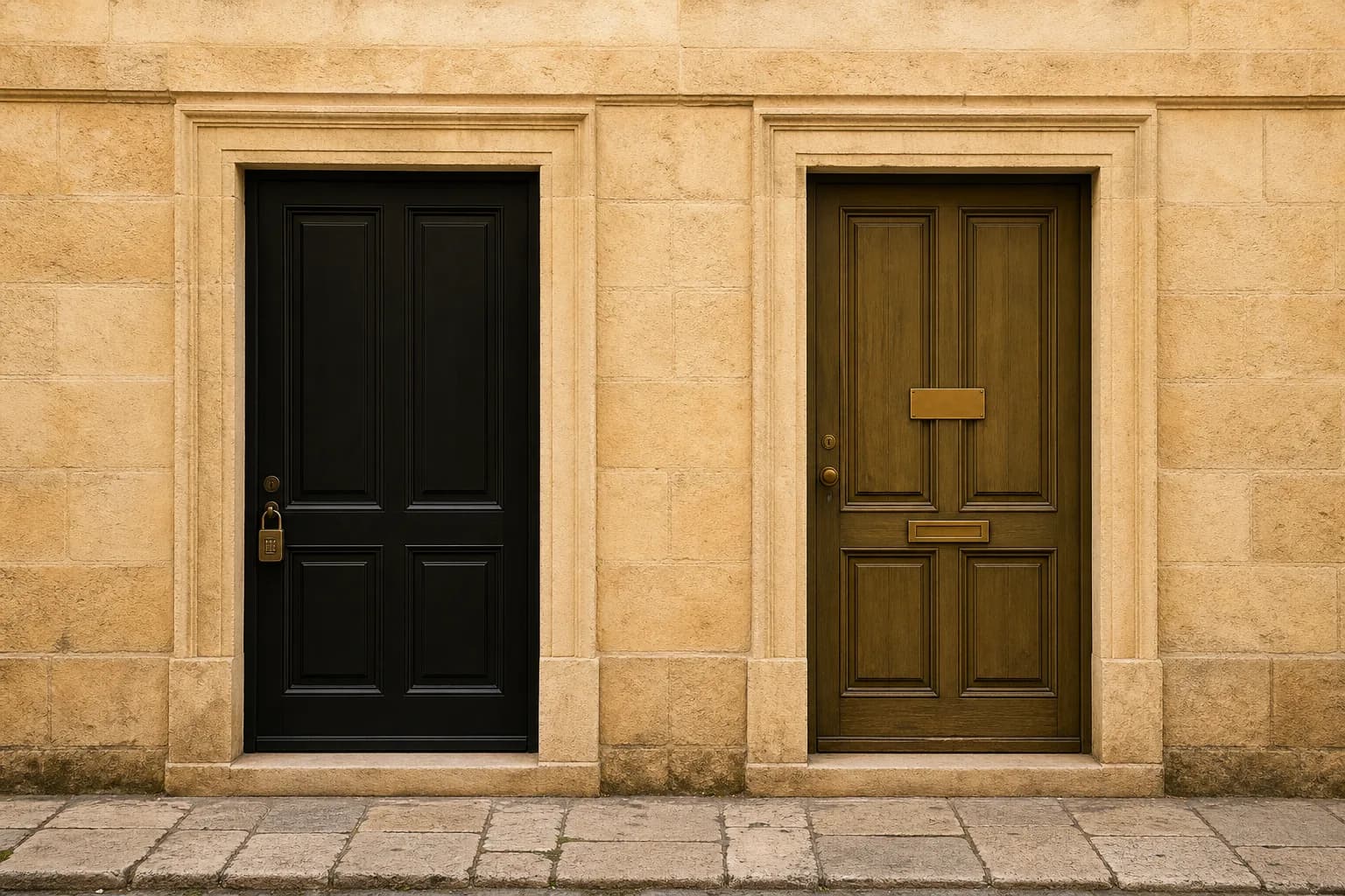 Two neighbouring front doors on one old-town street: a black short-stay door with a brass key lockbox, and a wooden long-term door with a brass letter slot