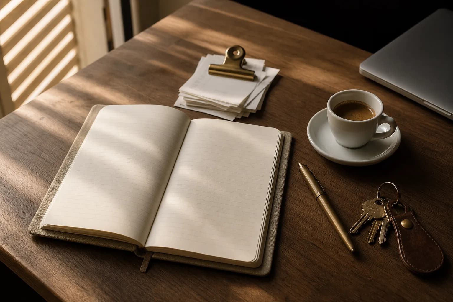 A desk with a laptop, a folder of receipts and handwritten notes — the tools a landlord actually used before Saldovi.